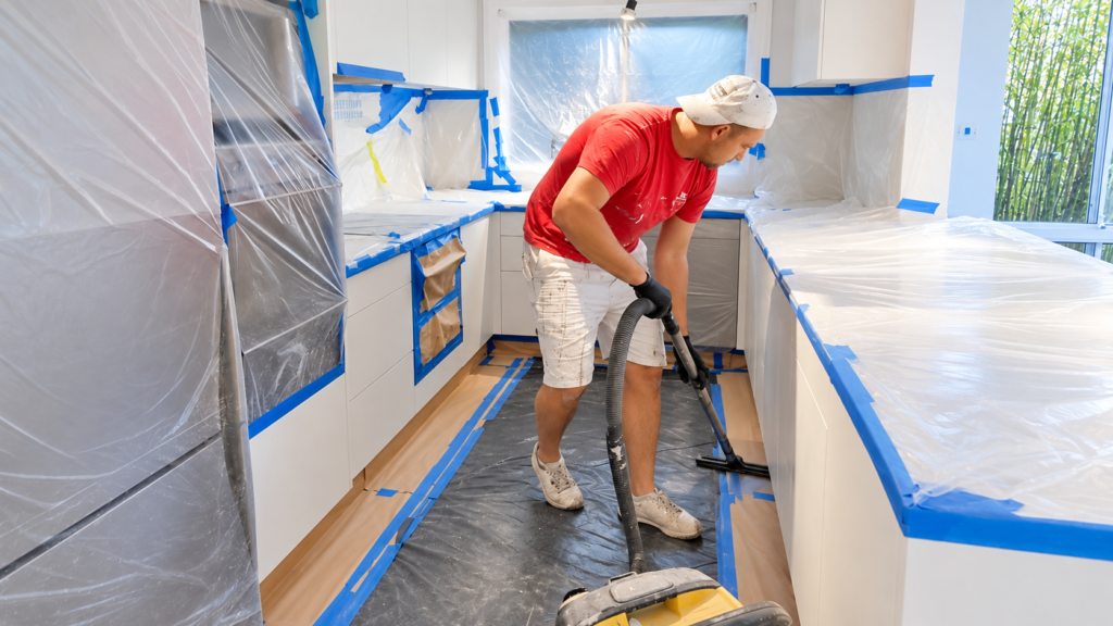 Kitchen protected and prepared for interior painting in Sydney