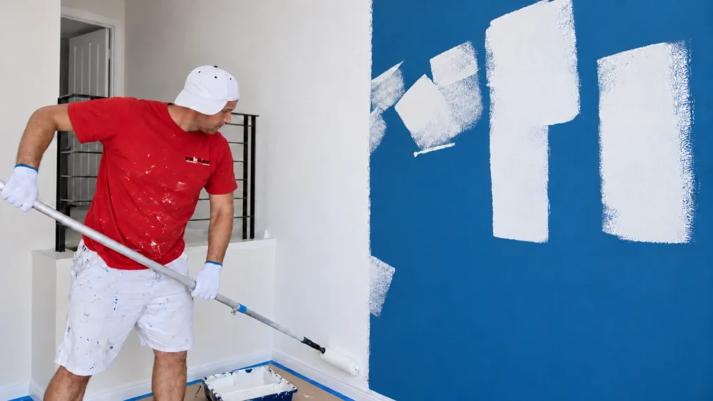 Vakker painter applying white paint over a blue feature wall in a Sydney home