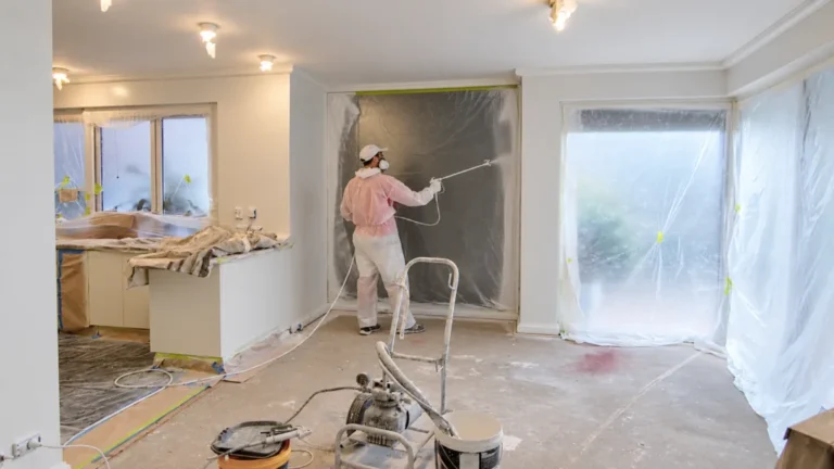 Painter spraying a prepared interior at Darling Point, with floors and fittings protected.