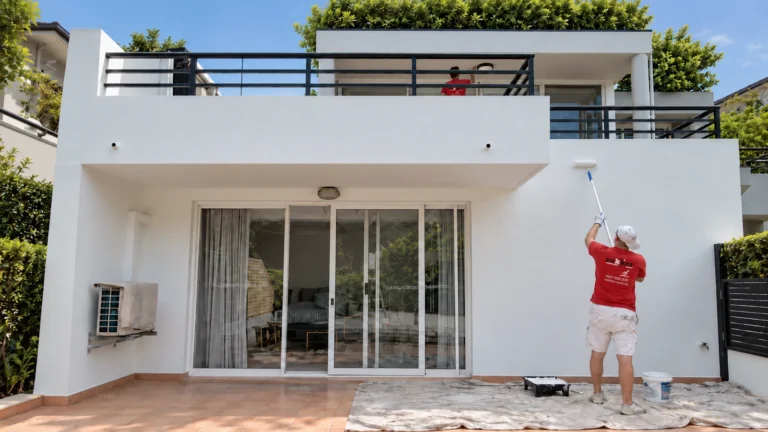 Vakker painters repainting a white house exterior and cutting in around a balcony ceiling light in Mosman, Sydney.
